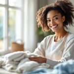 Une femme de ménage souriante plie du linge propre dans un salon lumineux, baigné de lumière naturelle, avec un canapé, des plantes et une ambiance moderne et chaleureuse.