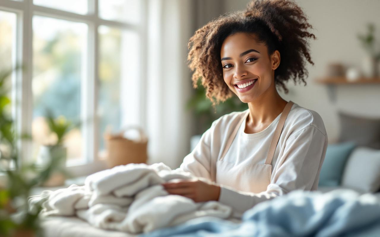 Une femme de ménage souriante plie du linge propre dans un salon lumineux, baigné de lumière naturelle, avec un canapé, des plantes et une ambiance moderne et chaleureuse.