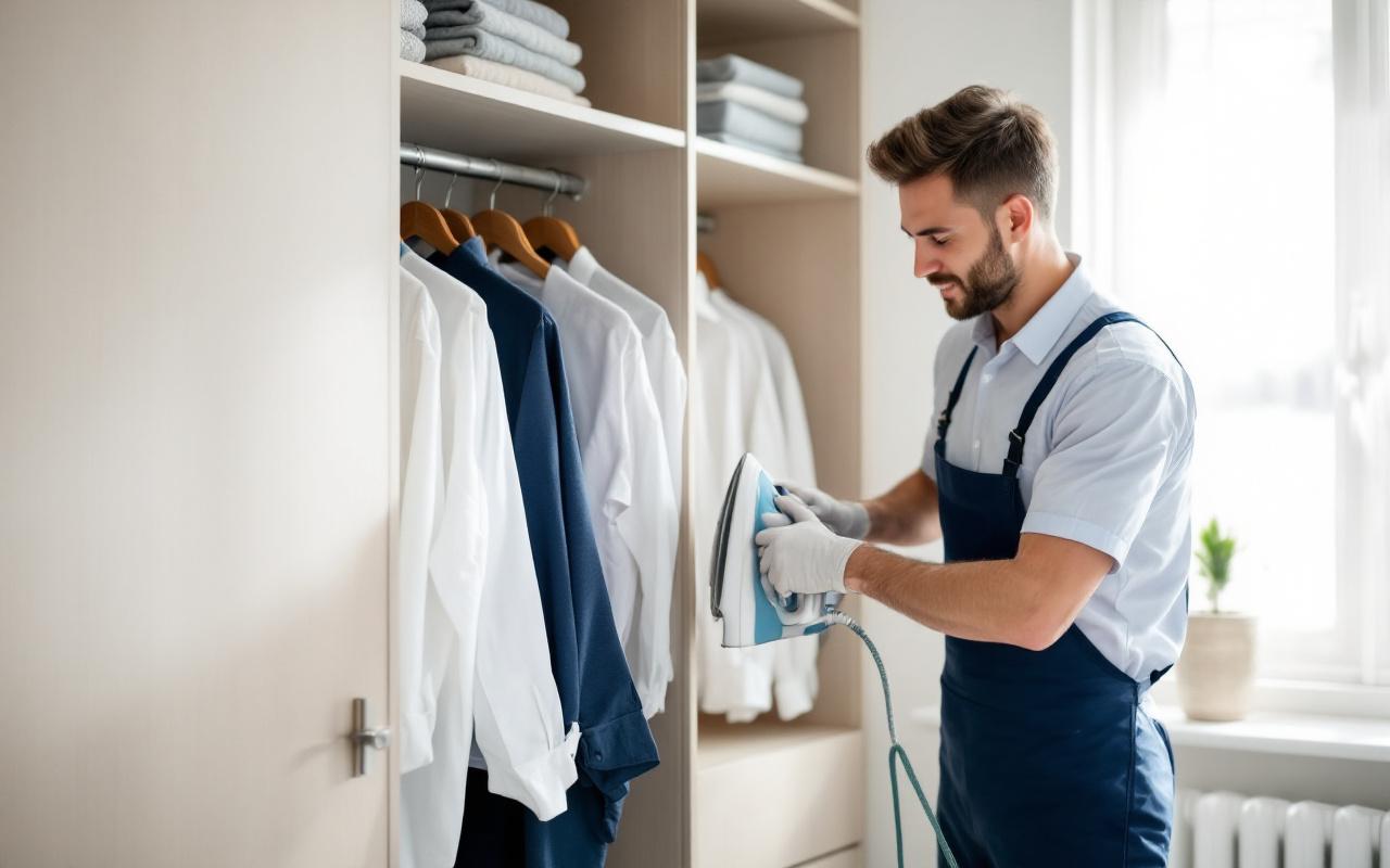 Nettoyeur professionnel repassant des chemises à côté d'un placard soigneusement organisé, lumière douce et volumétrique, couleurs dominantes blanc et bleu marine, intérieur moderne et propre.