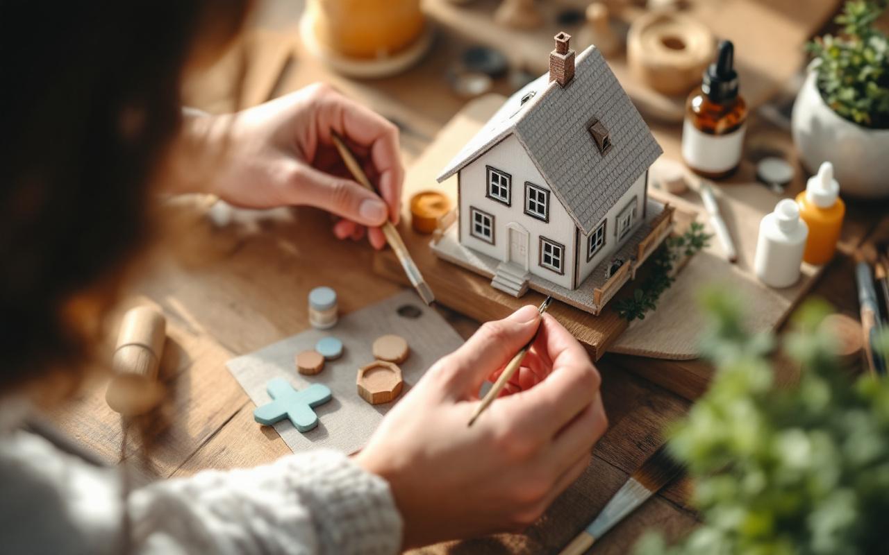 Mains d'un adulte assemblant une petite maison miniature DIY sur une table en bois, avec pinceau, colle et outils miniatures visibles, lumière chaude d'après-midi mettant en valeur les textures et les détails.