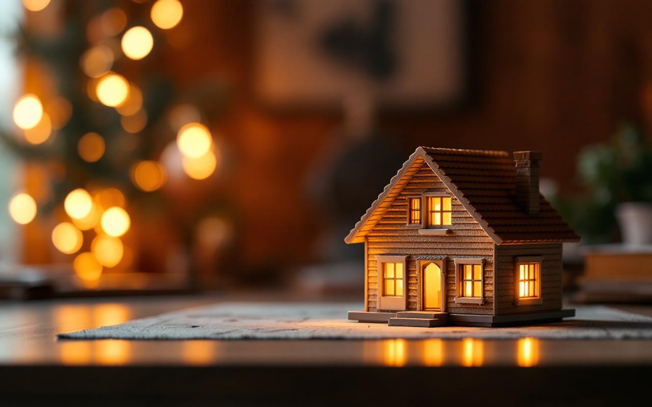 Maquette d'une petite maison cosy posée sur un bureau en bois, éclairée par des LED chaudes qui diffusent une lueur ambre, arrière-plan sombre flou, faible profondeur de champ, ambiance chaleureuse et intime.