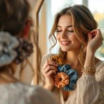 Une femme compare devant un miroir plusieurs chouchous en soie, satin et velours, en les tenant près de ses cheveux pour observer les textures.