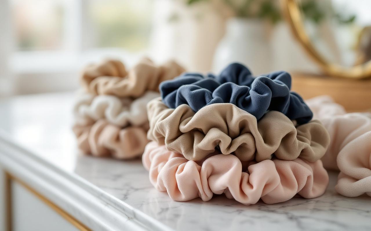 Gros plan sur différents chouchous pour cheveux fins, épais et bouclés, posés sur une coiffeuse élégante.