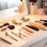 Accessoires capillaires disposés avec élégance en plusieurs poses sur une coiffeuse lumineuse, ambiance douce et raffinée.