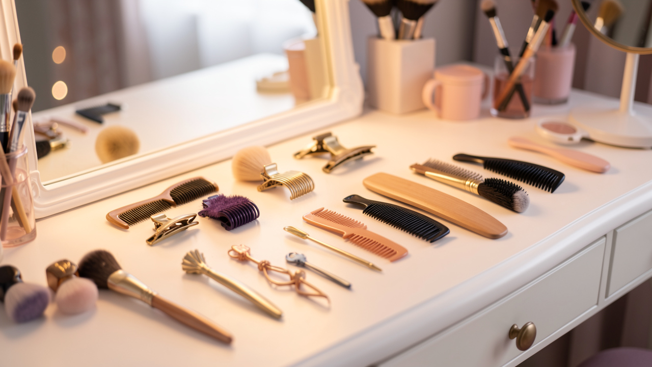 Accessoires capillaires disposés avec élégance en plusieurs poses sur une coiffeuse lumineuse, ambiance douce et raffinée.