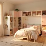 Chambre d’enfant lumineuse avec mobilier évolutif et rangements pratiques, ambiance douce et chaleureuse, baignées par la lumière du jour.