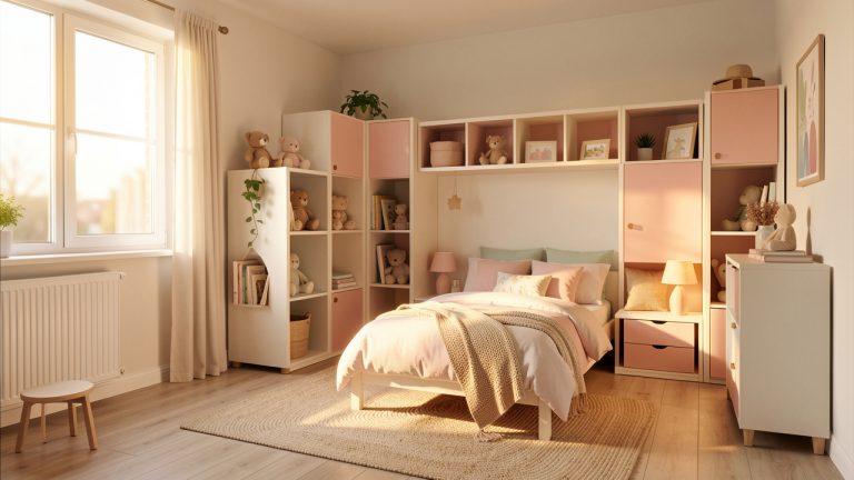 Chambre d’enfant lumineuse avec mobilier évolutif et rangements pratiques, ambiance douce et chaleureuse, baignées par la lumière du jour.