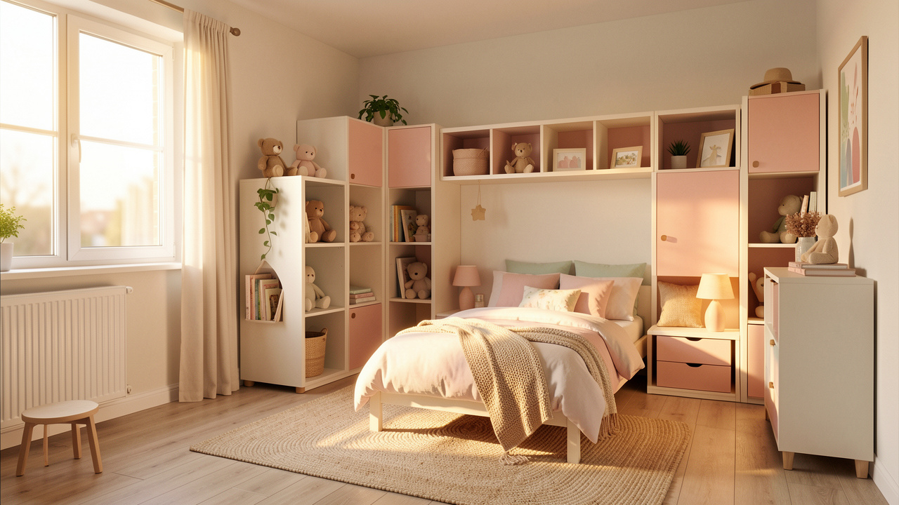 Chambre d’enfant lumineuse avec mobilier évolutif et rangements pratiques, ambiance douce et chaleureuse, baignées par la lumière du jour.