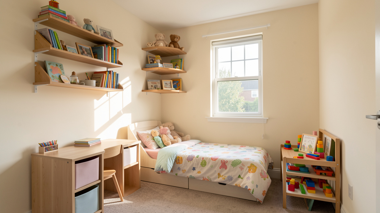 Petite chambre d’enfant lumineuse avec un mobilier compact, des rangements muraux et une ambiance douce, ordonnée et chaleureuse.