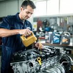 Un mécanicien verse de l’huile moteur dans le compartiment ouvert d’un moteur moderne, avec plusieurs bidons génériques posés à proximité dans un atelier automobile lumineux.