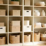 Intérieur lumineux et bien rangé avec des étagères, des boîtes de rangement et des paniers décoratifs en fibres naturelles.