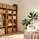 Salon lumineux et apaisant avec des étagères en bois, des boîtes naturelles et des paniers de rangement tressés.