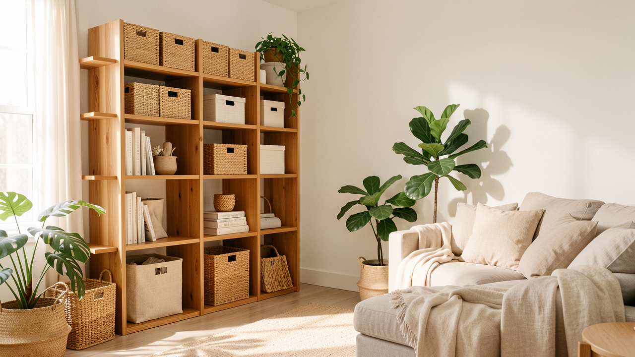 Salon lumineux et apaisant avec des étagères en bois, des boîtes naturelles et des paniers de rangement tressés.