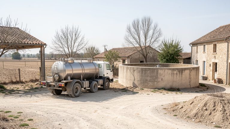 Camion-citerne en acier inoxydable remplissant un grand réservoir communal dans un village rural français marqué par la sécheresse.