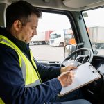 Conducteur de poids lourd vérifiant des documents de transport non lisibles dans une cabine moderne, avec une aire logistique européenne visible en arrière-plan.