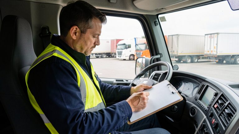 Conducteur de poids lourd vérifiant des documents de transport non lisibles dans une cabine moderne, avec une aire logistique européenne visible en arrière-plan.