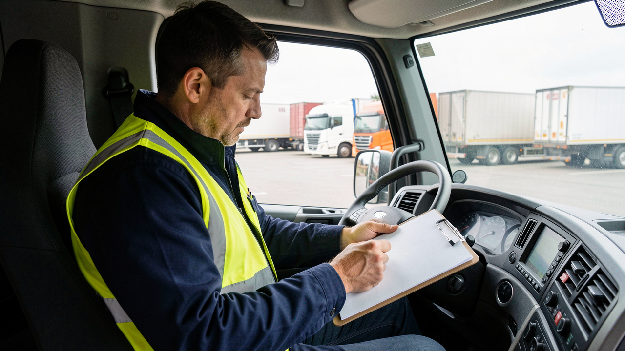 Conducteur de poids lourd vérifiant des documents de transport non lisibles dans une cabine moderne, avec une aire logistique européenne visible en arrière-plan.
