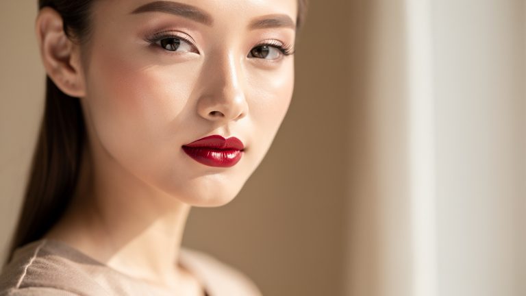 Portrait rapproché d’une jeune femme au teint frais et lumineux, avec des lèvres rouge cerise satinées, photographiée en lumière naturelle dans un style éditorial haut de gamme.