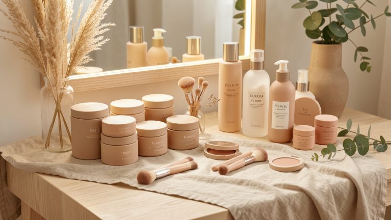 Vanité lumineuse présentant des soins du visage, des pinceaux, des produits capillaires et du maquillage discret dans un décor naturel aux tons doux.