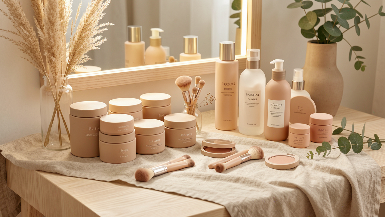 Vanité lumineuse présentant des soins du visage, des pinceaux, des produits capillaires et du maquillage discret dans un décor naturel aux tons doux.