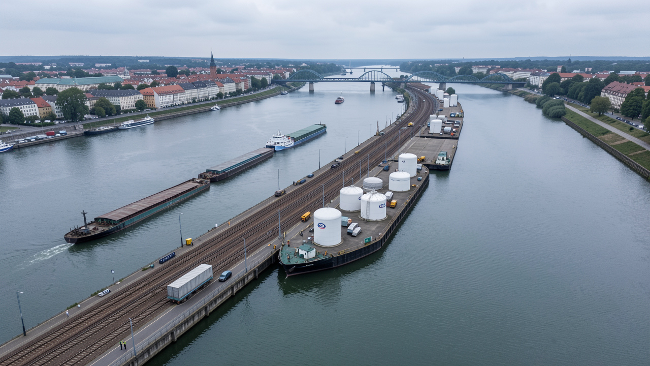 Vue aérienne réaliste du port fluvial de Strasbourg sur le Rhin, avec des barges, des voies ferrées et des citernes cylindriques d’hydrogène dans une ambiance industrielle sobre.