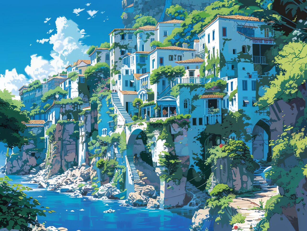 Vue panoramique d’un village coloré accroché aux falaises de la côte amalfitaine, au bord de la mer Méditerranée.