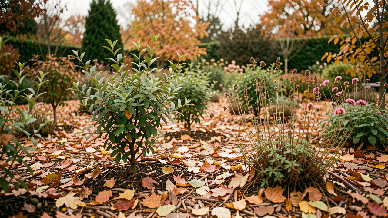 Jardin familial en automne avec de jeunes arbustes, des plantes vivaces et un paillage de feuilles sous une lumière douce.