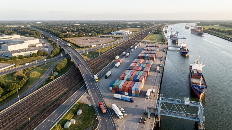 Vue aérienne réaliste d’une plateforme logistique régionale reliée à une route, une voie ferrée et un quai fluvial, avec des camions et des conteneurs en activité.
