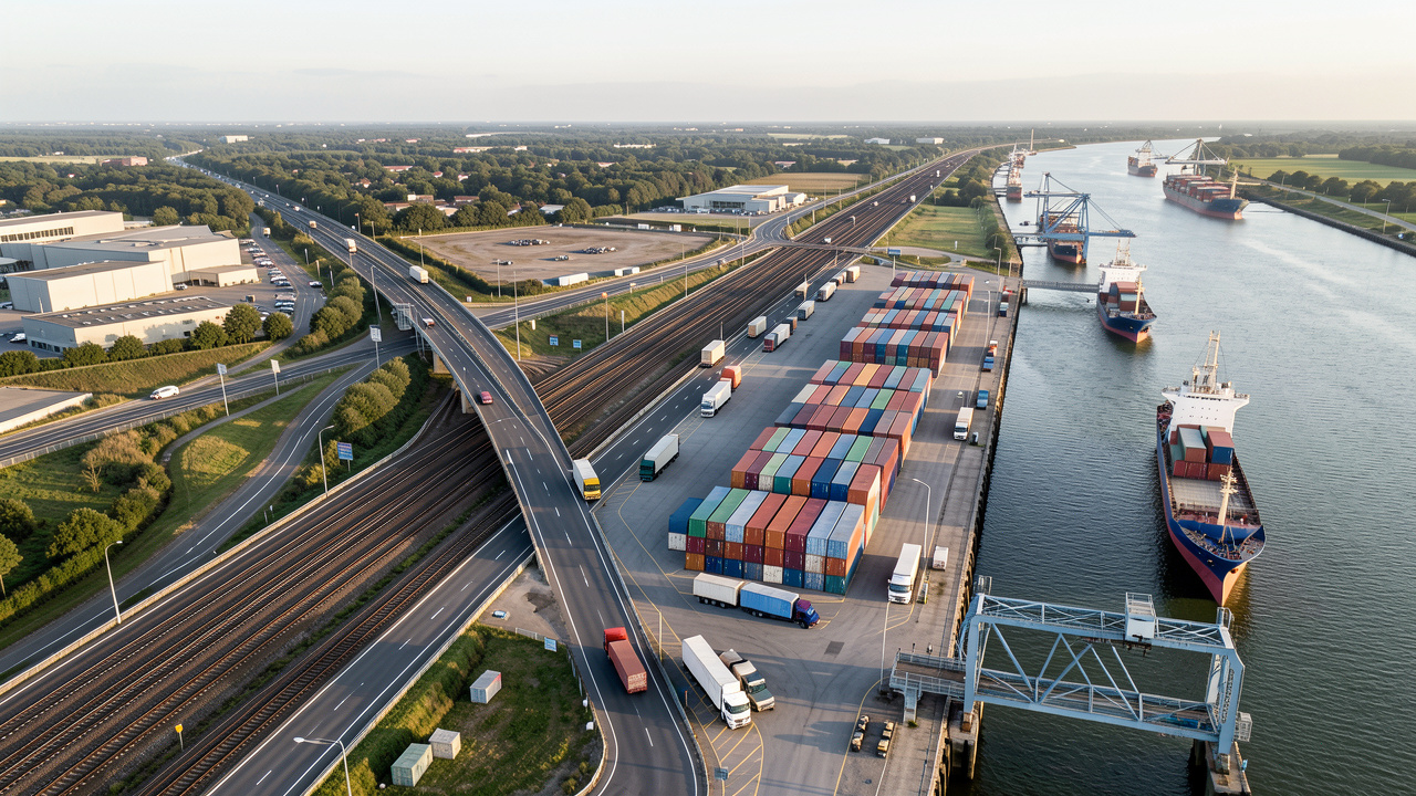 Vue aérienne réaliste d’une plateforme logistique régionale reliée à une route, une voie ferrée et un quai fluvial, avec des camions et des conteneurs en activité.